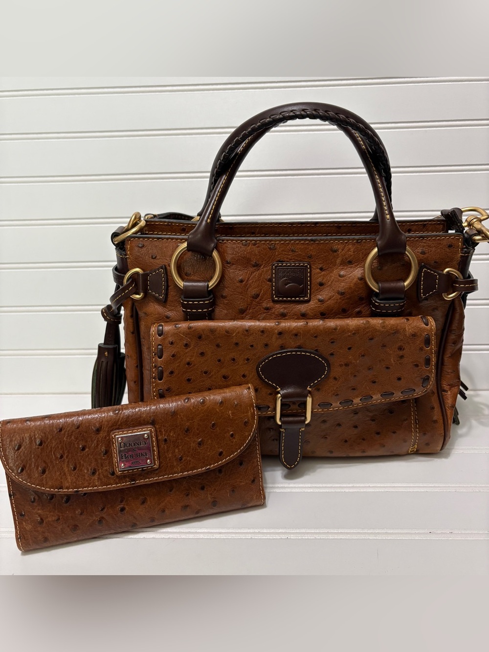 DOONEY & BOURKE Brown Ostrich Embossed Satchel Shoulder Bag Tote & Wallet Set